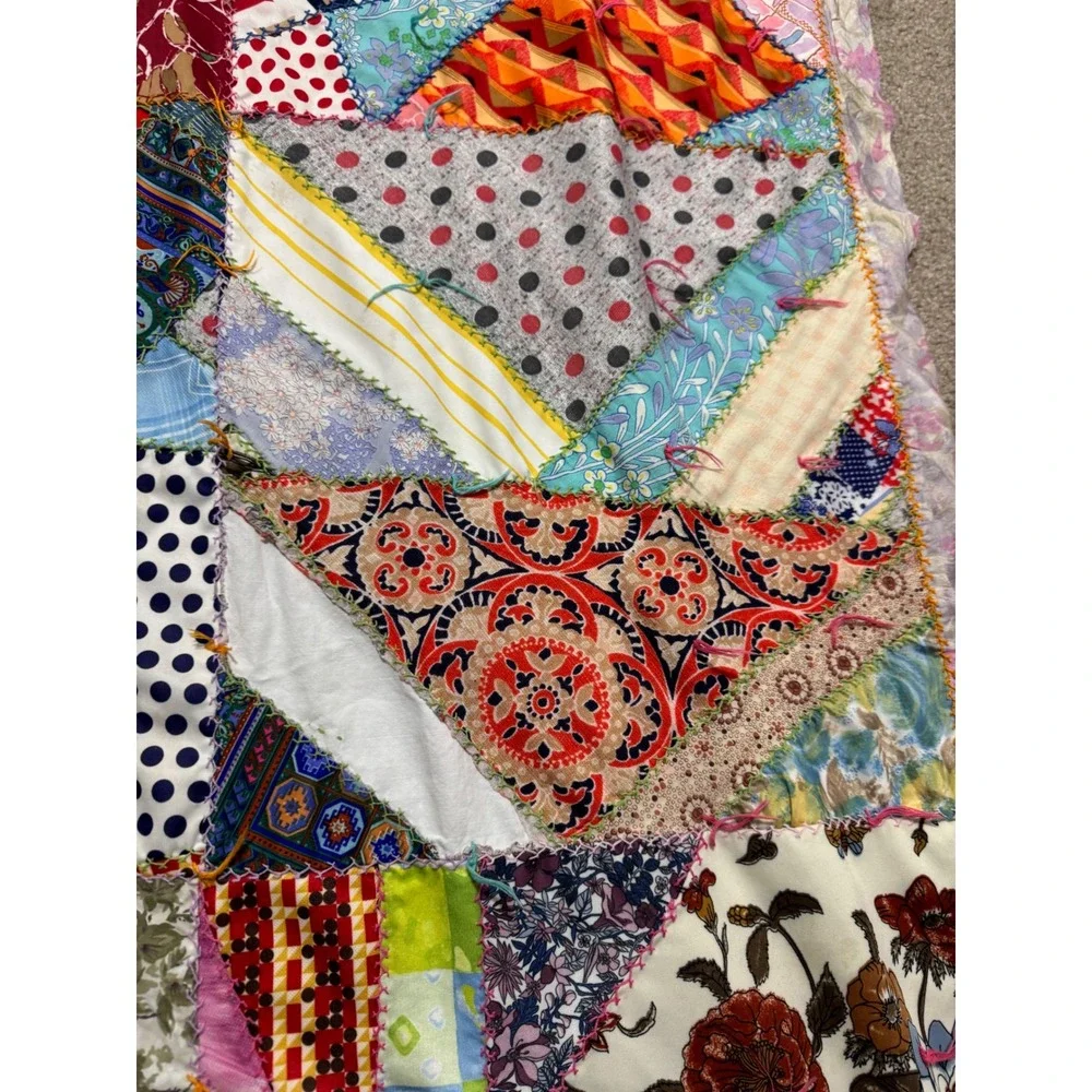 Vtg 70's Handmade Polyester Crazy Multi Color Patchwork Quilt Double Knit 66x86